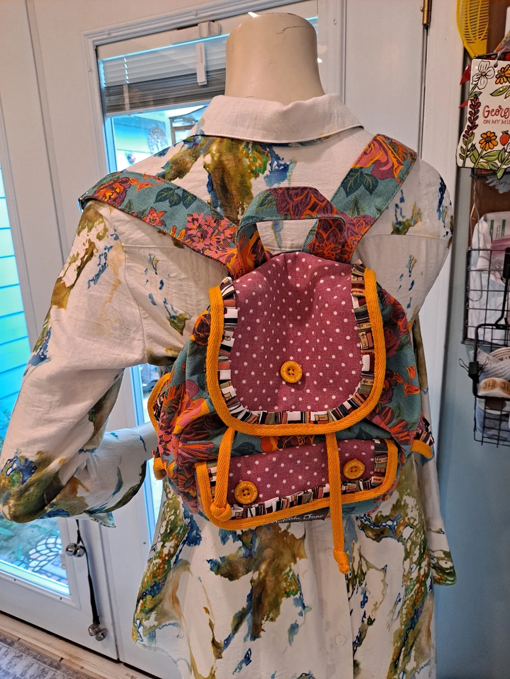 Matilda Jane Floral & Polka Dot Mini Backpack Pink Teal Yellow Book Ruffle Motif